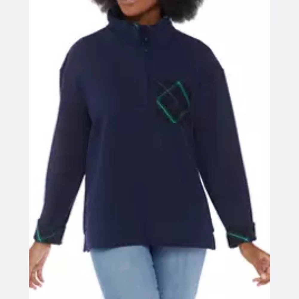 Crown & Ivy Harper‎ Long Sleeve Button Neck Pullover Plaid Pocket Navy Blue XL